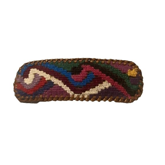 Vintage Hair Clip Barrette Whip Stitching Leather Border Fabric Multi Center - Picture 1 of 6